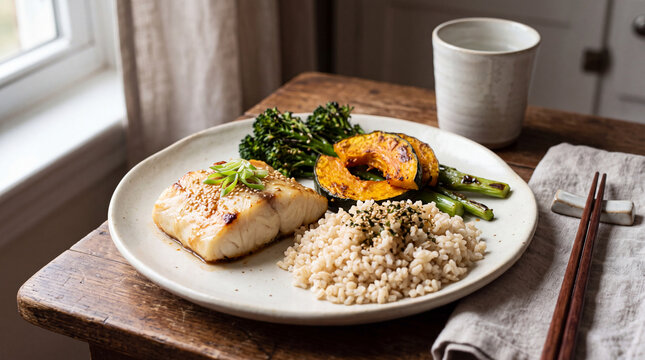 Japanese Miso Glazed Cod with Roasted Kabocha Squash and Brown Rice
