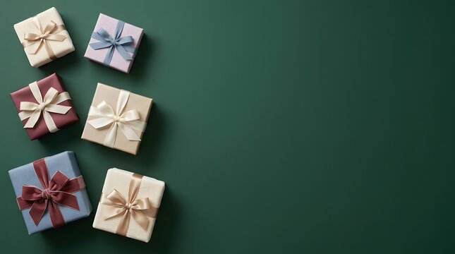 A beautifully arranged collection of colorful gift boxes on a dark green background perfect for celebrations and special occasions offering a festive