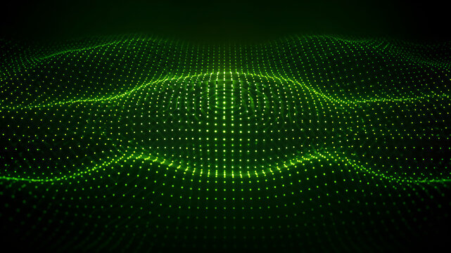 Green glowing LED dot matrix waves, digital terrain made of lights