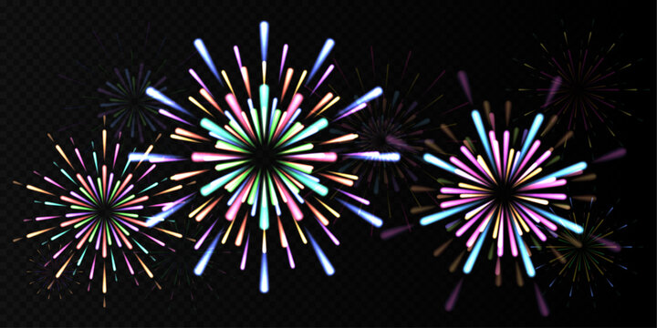 Rainbow fireworks burst into brilliant shades of color. Radiant sparks spread across the sky. Festive vector artwork isolated on a transparent background.


