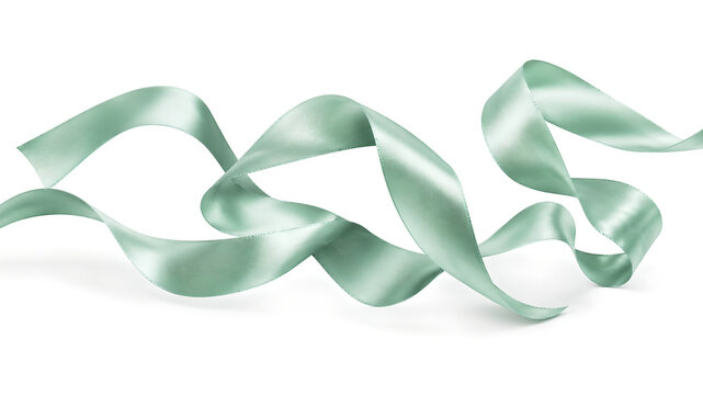 Mint green satin ribbon twisted in a flowing wave shape on white background