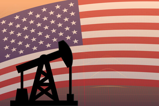 US oil industry and petroleum production vector background with pumpjack and American flag