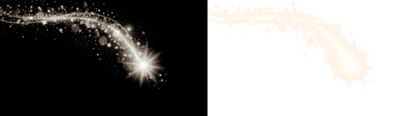 Shooting star comet with curved glowing light tail, bright starburst head, bokeh circles and tiny star sparkles in sepia tones PNG, isolated on transparent background © Tatyana