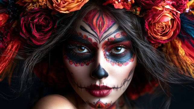 Woman with striking calavera face paint and vibrant floral crown celebrating Dia de los Muertos tradition