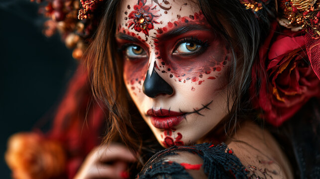 Woman celebrating Day of the Dead, featuring traditional sugar skull face paint and an elaborate flower crown