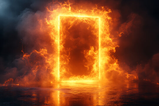 An illuminated vertical rectangle portal blazes with vibrant orange flames and smoke on a reflective dark ground