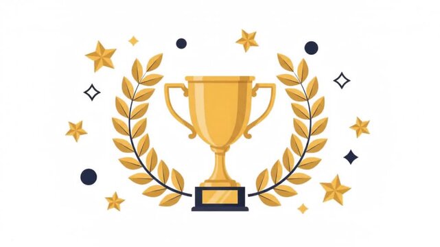 Golden Trophy Cup with Laurel Wreath and Stars Champion Award Winner Animation