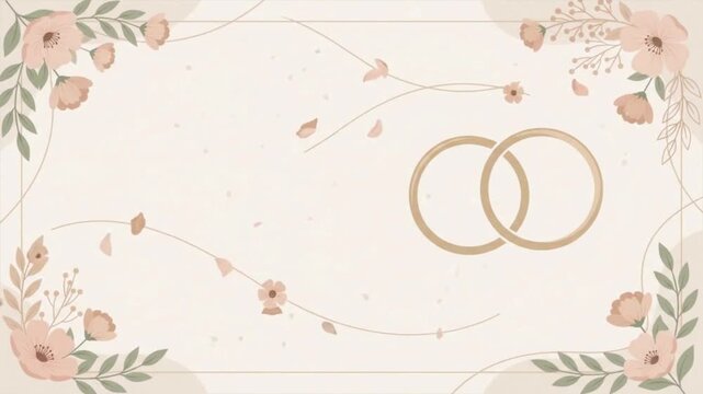 Luxury Wedding Floral Invitation Background with Interlocking Golden Rings and Flying Petals Animation