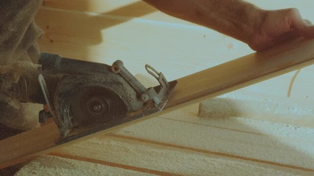 Sawing wood, working with a saw, a saw in house construction, sawing a board