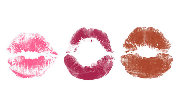 Three distinct lipstick kiss marks in shades of pink, dark magenta, and brown isolated on transparent background