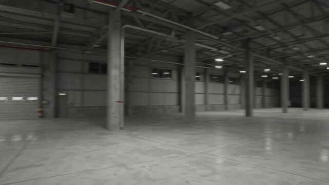 Camera move around empty warehouse hall and lights turned on. Dynamic camera pans empty industrial interior hall storage room with lights. Logistic distribution industrial interior room with gates.