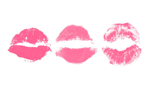 Three different pink lipstick kiss marks isolated on transparent background