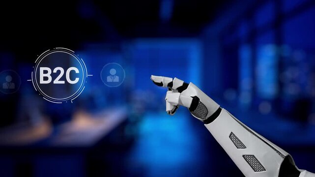 A robotic hand points to a digital B2C network, symbolizing the interaction between consumers and businesses in a modern technological landscape. Synapse
