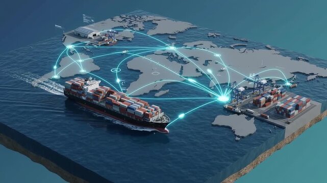 AI technology. Global Logistics international delivery concept, World map logistic and supply chain network distribution container Ship running for export import to customs cean concept isometric 