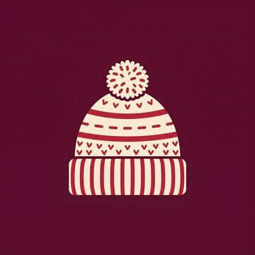 winter beanie with pom pom illustration on burgundy background