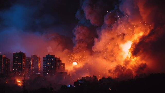 Night city skyline engulfed in flames, massive explosion and towering smoke over residential towers, glowing embers fill sky, firefighters and emergency crews