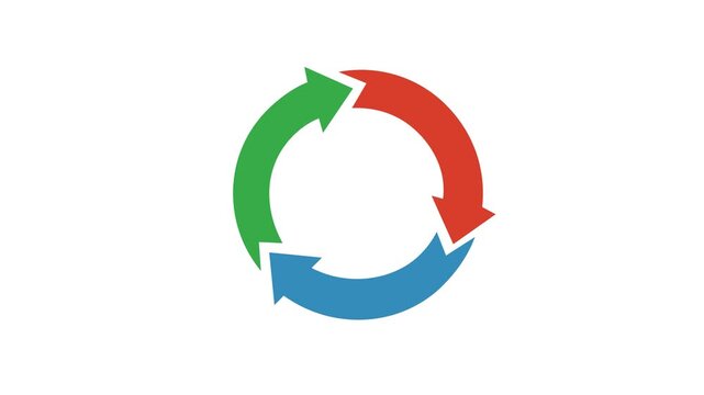 Three colorful arrows rotating in circular motion isolated on white background for design element.