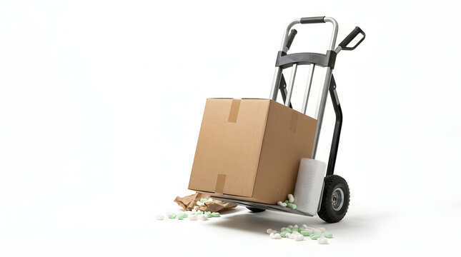 Cardboard box tipped over on delivery trolley with scattered packing