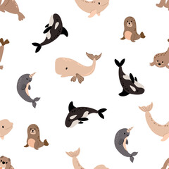 Arctic sea life seamless pattern with cute killer whale, narwhal, whale, beluga and seal isolated on white background © Helga KOV