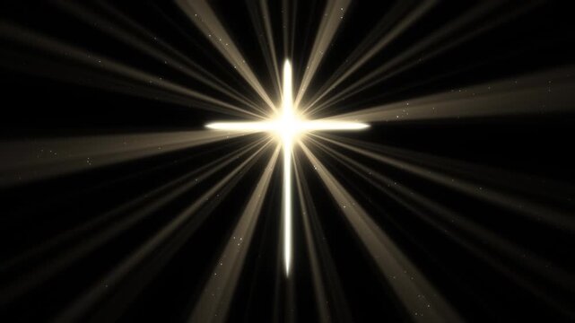 Glowing cross of light with slowly turning glory rays and drifting dust, worship background loop on black