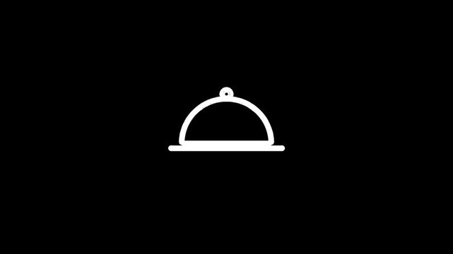 Food icon animation, restaurant serving dome cloche lifting to reveal a hot served meal with steam, food delivery and restaurant menu icon for cafe and catering videos, black background