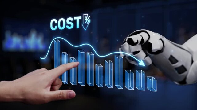 A human hand points towards a futuristic financial graph while a robotic arm illustrates the concept of cost reduction through advanced technology in business analytics. Synapse