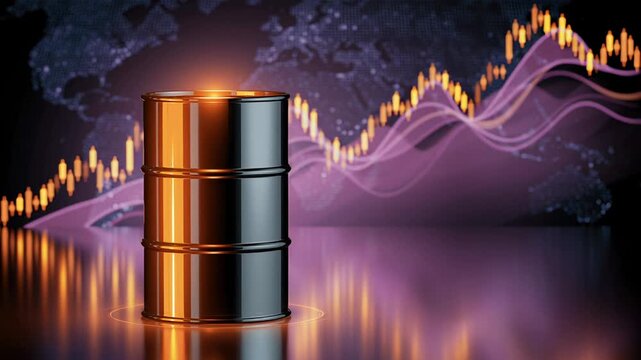 Oil barrel with rising financial graph and world map backdrop, bokeh lights and reflective surface convey market surge and price volatility energy trader