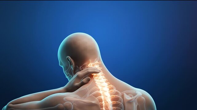 Human male touching painful glowing cervical spine vertebrae