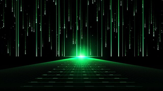 Digital matrix rain streaming over a glowing geometric grid surface in a dark virtual space with video panoramic