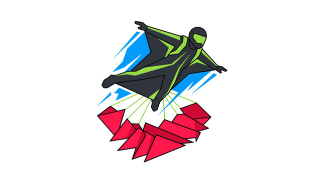Wingsuit Flight, A minimalist vector depiction of a wingsuit flyer and parachute descent