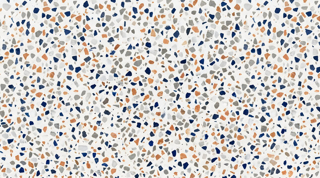Modern terrazzo stone texture with colorful small chips and granite fragments in light gray surface