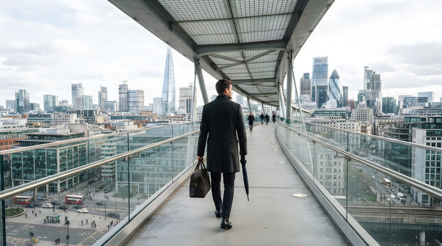 Businessman walking on a modern city footbridge with london skyline in the background view