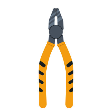 Combination pliers hand tool with yellow rubber grip handle for electrical work, wire cutting, and DIY repair in a flat vector graphic illustration style.