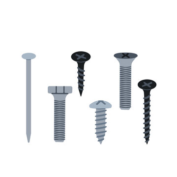 Screws, bolts, nails set. Metal hardware fasteners, steel screws, bolts, and nails for carpentry, joinery, and construction assembly work in a flat vector graphic illustration style.