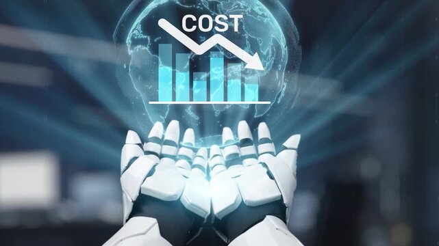 A futuristic image showing a robot hands holding a globe with a cost reduction graph. It highlights technology role in finance, analysis, and strategic business decisions. Salient