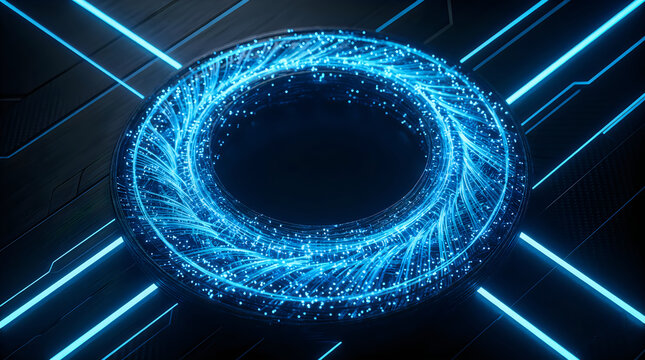 Glowing blue light ring with digital energy particles and abstract lines on dark technology background