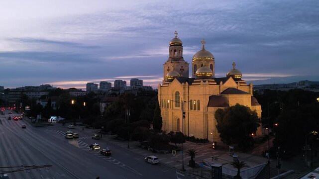 Dormition of the Theotokos Cathedral illuminated at twilight in Varna Bulgaria