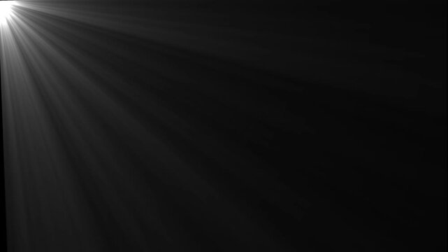 Abstract white light rays overlay effect, glowing sunbeams shining from corner on black background, for cinematic transitions, and motion