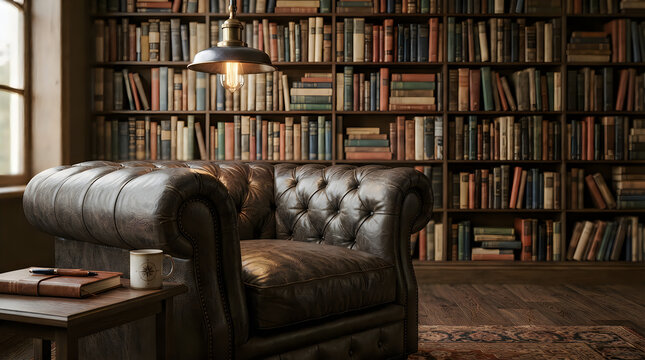 Comfortable dark leather sofa in a cozy home library with many books on wooden shelves and lamp