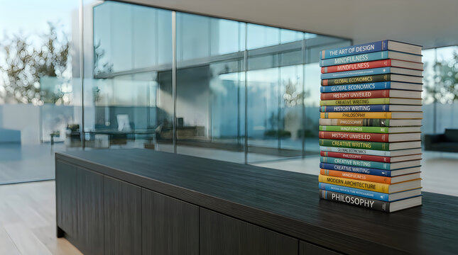 A stack of colorful hardcover books resting on a dark modern desk in a bright office space