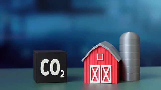 A farm barn and a CO2 cube. Annual greenhouse gas emissions from the agricultural industry. Environmental impact, investments in green technologies, and pollution minimization.