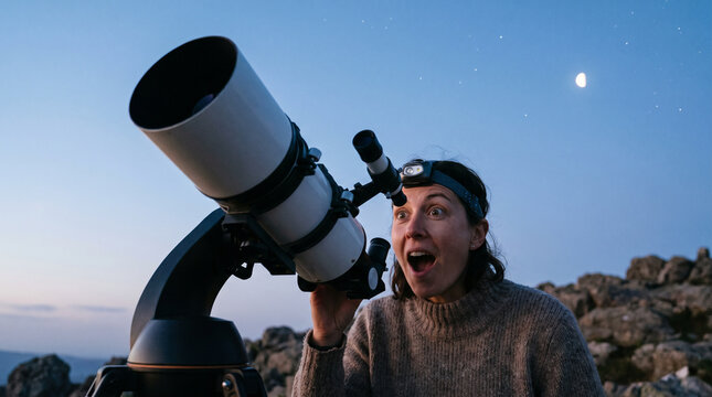Astronomy Enthusiast Looking Through Telescope at Dusk