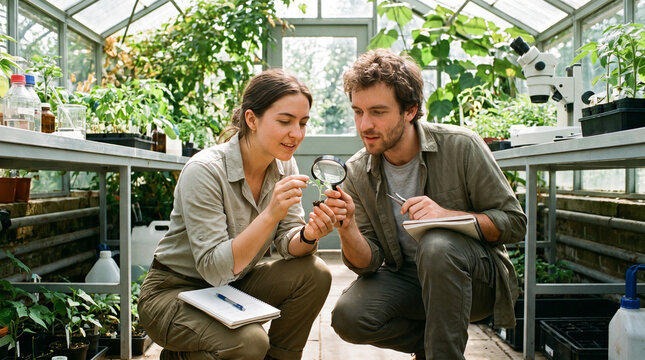 Researchers Examining Plant Seedling in Bright Lab
