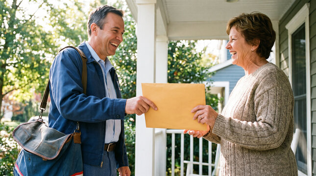 Postal Worker Handing Envelope to Smiling Resident