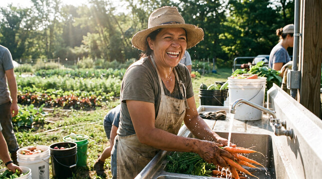 Market Gardener Washing Carrots at Outdoor Sink