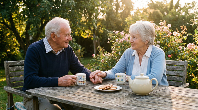 Elderly Couple Sharing Tea at Garden Table