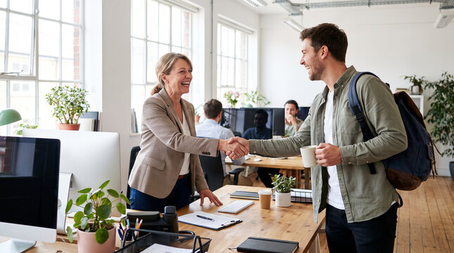 Manager Welcoming New Colleague with Handshake at Desk