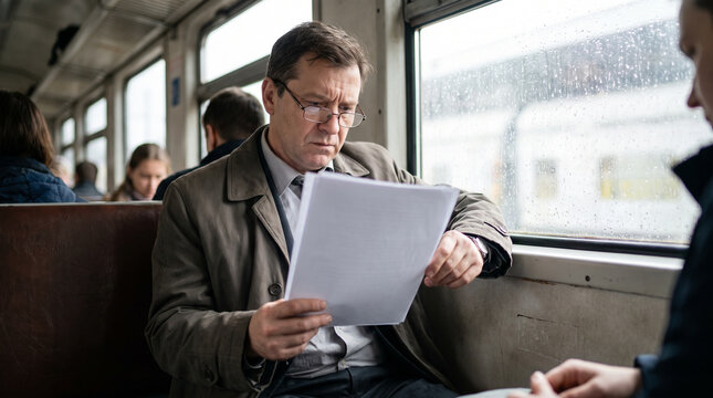 Businessman Reading Document on Train Commute