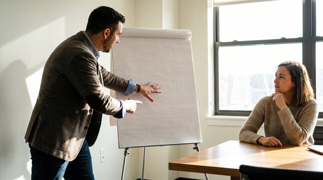 Consultant Presenting Plain Flip Chart to Client