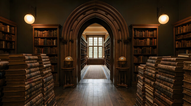 Old dark library interior with wooden bookshelves and a bright window at the end of the aisle